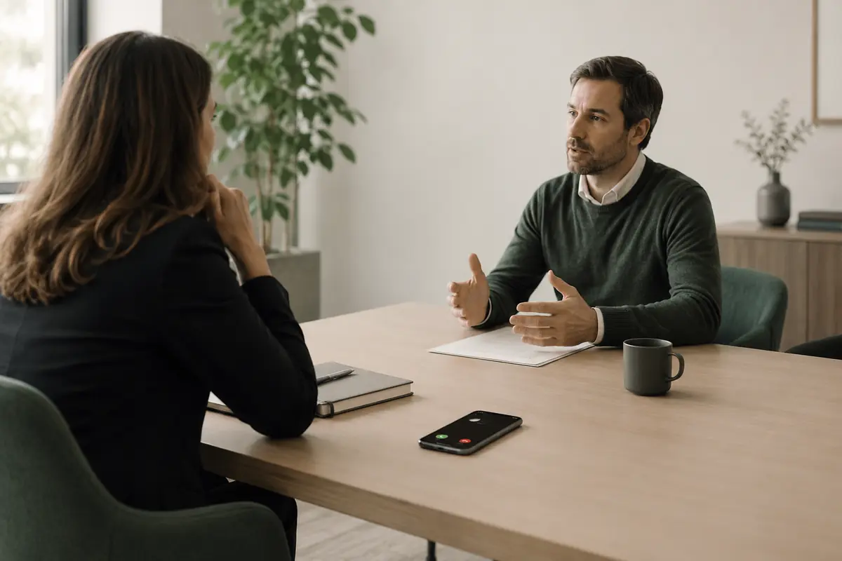 Deux personnes en rendez-vous de part et d'autre d'un bureau, en pleine conversation. Sur la table, un téléphone portable affiche un appel entrant que personne ne regarde.