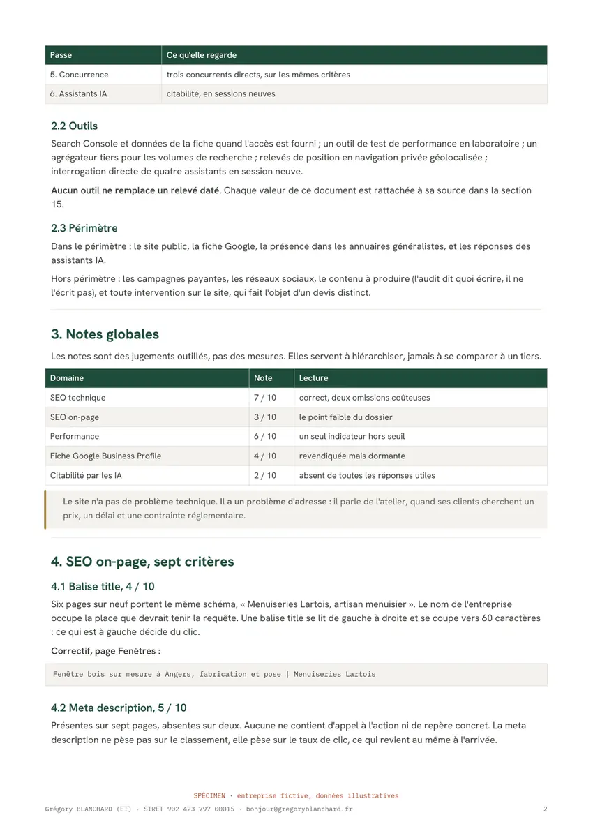 Page 2 du spécimen d'audit SEO.